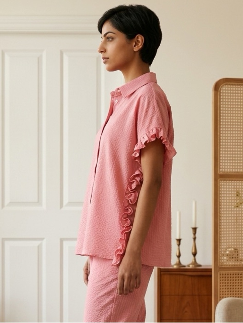 NWT Harshman Women’s Darcy Rose Pink Seersucker Ruffle Blouse Top Oversized- - Picture 3 of 14